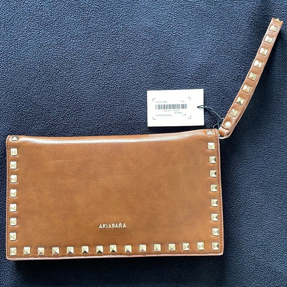 Studded clutch wristlet in camel with gold tone pyramid studs. NWT - Picture 2 of 5